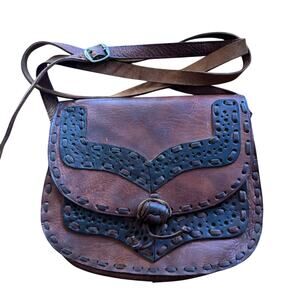 Boho Vintage Leather Saddle Bag Purse Shoulder Bag 8x9 Cognac Brown Trim Western